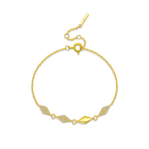 925 Silver Gold Paved CZ Rhombus Station Bracelet, Size 15+3cm, Charm Size 9mm -MMB147
