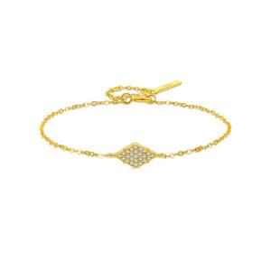 925 Silver Gold Paved CZ Rhombus Bracelet, Size 15+3cm, Charm Size 15×6.5mm -MMB148
