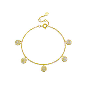 925 Silver Gold Paved CZ Disc Bracelet, Size 15+3cm, Disc 6.5mm, Spacing 20mm -MMB149