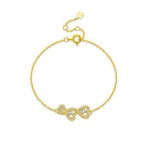 925 Silver Gold Paved CZ Triple Heart Infinity Bracelet, Size 15+3cm, Charm Size 9×20.7mm -MMB154