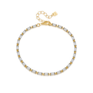 925 Silver Two-Tone Baguette CZ Bracelet, Size 15+4cm, CZ Size 2×4.7mm-MMB157