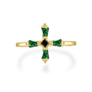 925 Silver Gold-Plated Cross Emerald & Black Gem Ring-MMR161