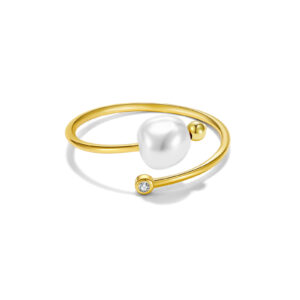 925 Silver Gold-Plated Pearl & Diamond Open Ring-MMR429