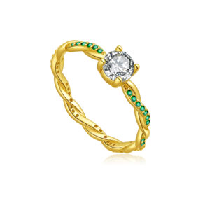 925 Silver Gold-Plated Braided Emerald & Solitaire Diamond Ring-MMR459