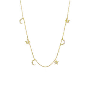 925 Silver Gold-Plated Star & Moon Dangle Necklace-MMN103