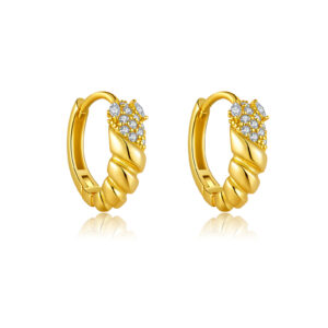 925 Silver Gold-Plated Round Clear CZ Paved Twisted Huggies Earrings-MME1231