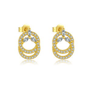925 Silver Gold-Plated Marquise & Round Clear CZ Interlocking Double Oval Paved Stud Earrings-MME1219