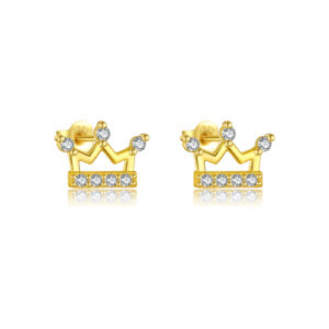 925 Silver Gold-Plated Crown Paved CZ Stud Earrings -MME1212