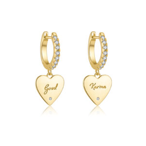 925 Silver Gold-Plated Single CZ Huggie with Engraved Heart Drop Earrings-MME1210