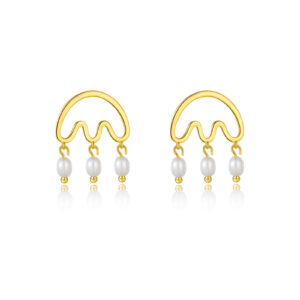 925 Silver Gold-Plated Wave Design Pearl Drop Stud Earrings-MME1205