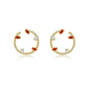 925 Silver Gold-Plated Red Marquise & Clear CZ Open Circle Stud Earrings-MME1204
