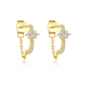 925 Silver Gold-Plated Princess & Round CZ Half Hoop Earrings with Chain-MME1193