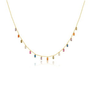 925 Silver Gold-Plated Multicolor Baguette Gem Dangle Necklace-MMN98