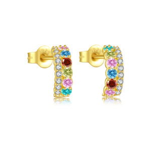 925 Silver Gold-Plated Aquamarine & Rainbow CZ Half Hoop Stud Earrings-MME1177