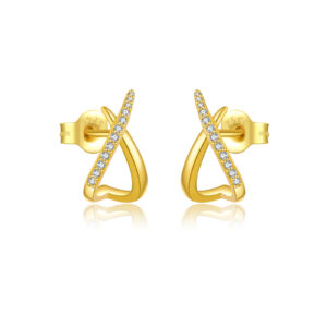 925 Silver Gold-Plated Crisscross Paved CZ Stud Earrings-MME1176