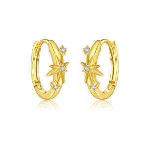 925 Silver Gold-Plated Starburst CZ Huggie Earrings, Left-Right Design-MME1174