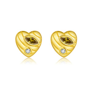 925 Silver Gold-Plated Heart Peridot & Round Opal CZ Stud Earrings Set-MME1152/MME1153