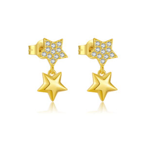 925 Silver Gold Crystal Star Stud Earring925 Silver Gold-Plated Double Star Stud Earrings, Paved CZ Top Star-MME1145