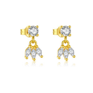 925 Silver Gold-Plated Round & Marquise Clear CZ Prong Set Huggies Drop Stud Earrings-MME1225