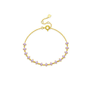 925 Silver 18K Gold Plated Purple CZ Station Bracelet, Size 15+3cm, CZ 2.5mm-MMB16