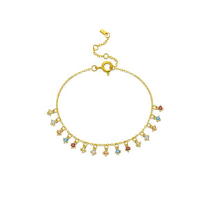 925 Silver 18K Gold Plated Multi-CZ Dangle Bracelet, Size 15+3cm, CZ 2mm, Spacing 5mm-MMB39