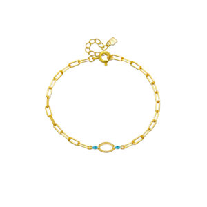 925 Silver 18K Gold Plated 6mm Paperclip Chain Blue Marquise CZ Open Circle Bracelet, Size 15+3cm, Charm 14mm-MMB41