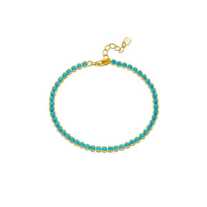 925 Silver Gold Plated Turquoise Bezel Chain Bracelet, Size 16+2cm, Chain Width 3mm, Chain 2.0-MMB78
