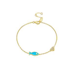 925 Silver Gold Plated 14.5mm Enamel Fish 5×6mm CZ Heart Bracelet, Size 16+2cm-MMB79