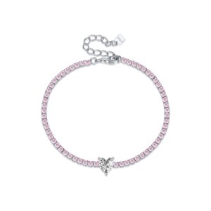 925 Silver Pink CZ Tennis Bracelet with Heart, Size 15+3cm, Stone 2mm, Heart Stone 6mm-MMB100