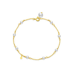 925 Silver Gold Plated Dainty Pearl Chain Bracelet, Size 20cm, End Pearl 6.9mm, Spacing 11mm-MMB103