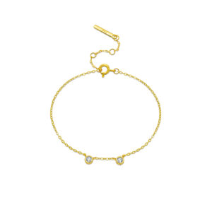 925 Silver Gold Plated Brushed Double CZ Bracelet, Size 15+3cm, Stone 4mm, Spacing 10mm-MMB113