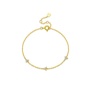 925 Silver Gold Plated Lucky 3-Clover CZ Bracelet, Size 15+3cm, Charm 3.5mm, Spacing 20mm-MMB118