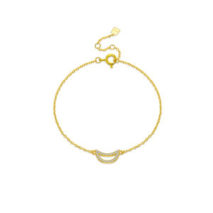 925 Silver Gold Plated Open CZ Crescent Moon Bracelet, Size 15+3cm Extender, Charm 6.5×11mm-MMB121