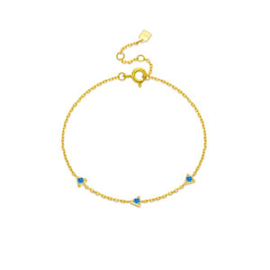 925 Silver Gold Blue CZ Triangle Station Bracelet, Size 15+3cm, Charm 3.5mm, Spacing 15mm-MMB131