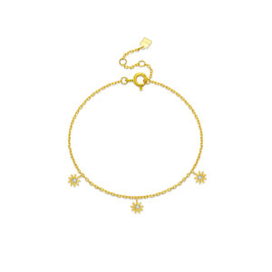 925 Silver Gold CZ Daisy Station Bracelet, Size 15+3cm, Daisy Charm 5mm, Spacing 20mm -MMB132