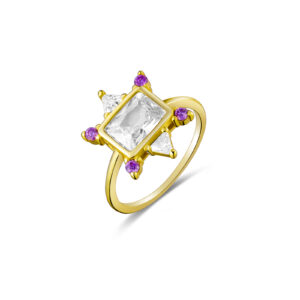 925 Silver Gold-Plated Square Gem Purple Ring-MMR182