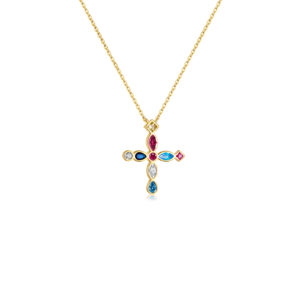 925 Silver Gold-Plated Multicolor Gem Cross Pendant Necklace-MMN154