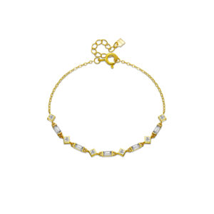 925 Silver 18K Gold Plated Black & White CZ Bar & Square Bracelet, Size 15+3cm, Bar CZ 5mm, Square CZ 2.5mm-MMB37