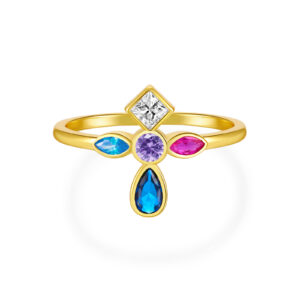925 Silver Gold-Plated Cross Multi-Gem Diamond Ring-MMR75
