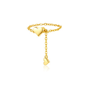 925 Silver Gold-Plated Double Heart Dangle Chain Ring-MMR305