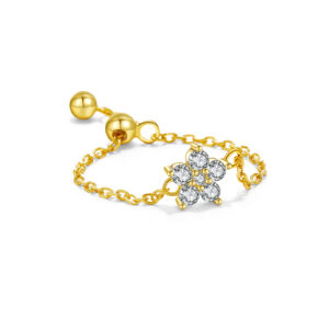 925 Silver Gold-Plated Floral Diamond Chain Ring-MMR357