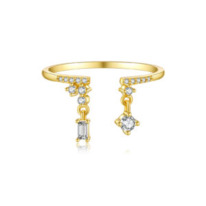 925 Silver Gold-Plated Dual-Dangle Diamond Ring-MMR391