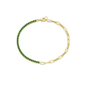 925 Silver Gold Plated Green CZ Tennis & Paperclip Chain Bracelet, Size 18cm, CZ 2mm, Chain 3×7mm-MMB084