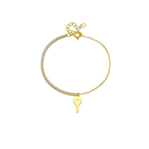 925 Silver 18K Gold Plated CZ Tennis Chain Key Bracelet, Size 15+3cm, Charm 13.5x6mm-MMB34