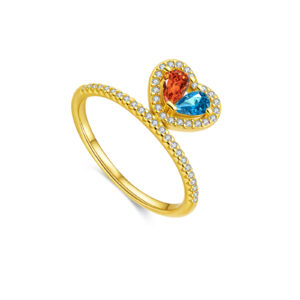925 Silver Gold-Plated Multi-Color Heart Gemstone Diamond Ring-MMR461
