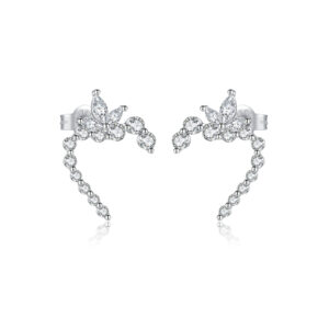 925 Silver Gold-Plated Half Heart & Arrow Clear CZ Prong Set Climber Earrings-MME1229