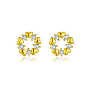 925 Silver Gold-Plated Heart & Clear CZ Circle Stud Earrings-MME1214