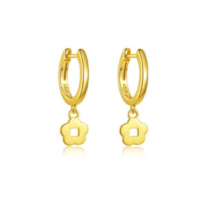 925 Silver Gold-Plated Plain Huggie with Flower Drop Earrings-MME1211