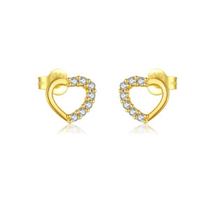 925 Silver Gold-Plated Half Paved CZ Half Plain Heart Stud Earrings-MME1209