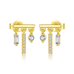 925 Silver Gold-Plated Baguette, Bar & Round CZ Drop Stud Earrings-MME1192